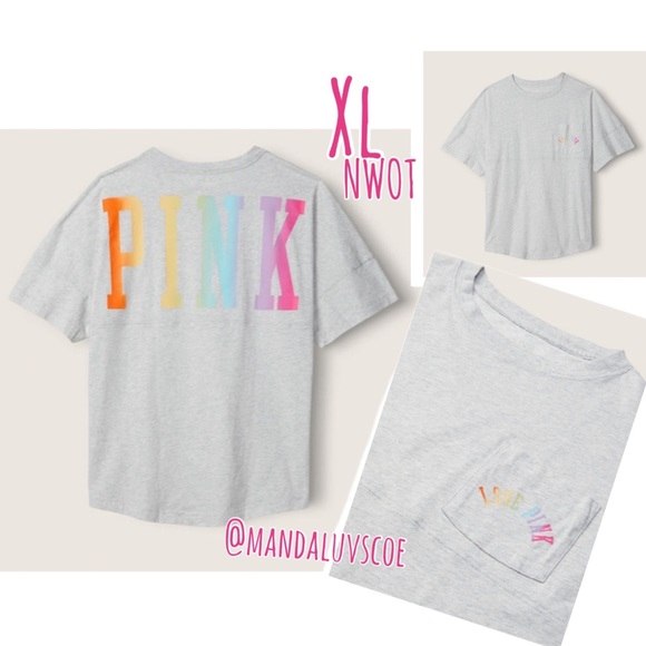 💗VS PINK NEON GREY RAINBOW OMBRE VARSITY SHORT SLEEVE CREW TEE - Picture 3 of 9